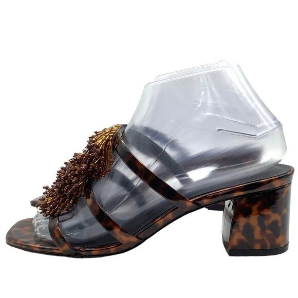 REBECCA MINKOFF 7 37.5 Raygan Seed Bead Fringe Tortoise Print Heeled Mule Sandal - Picture 8 of 14